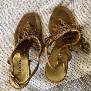 Prada brown suede fringe thong sandals